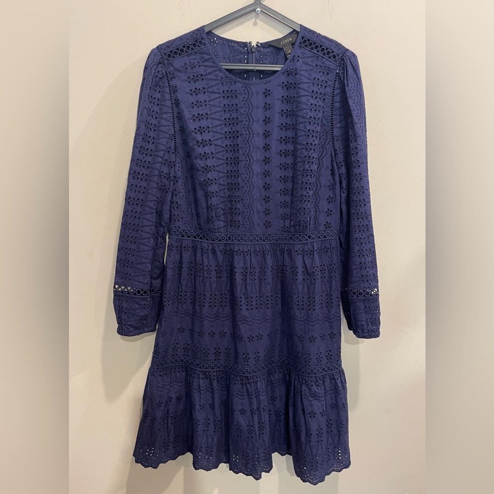 J Crew Navy Blue Eyelet Long Sleeve Dress